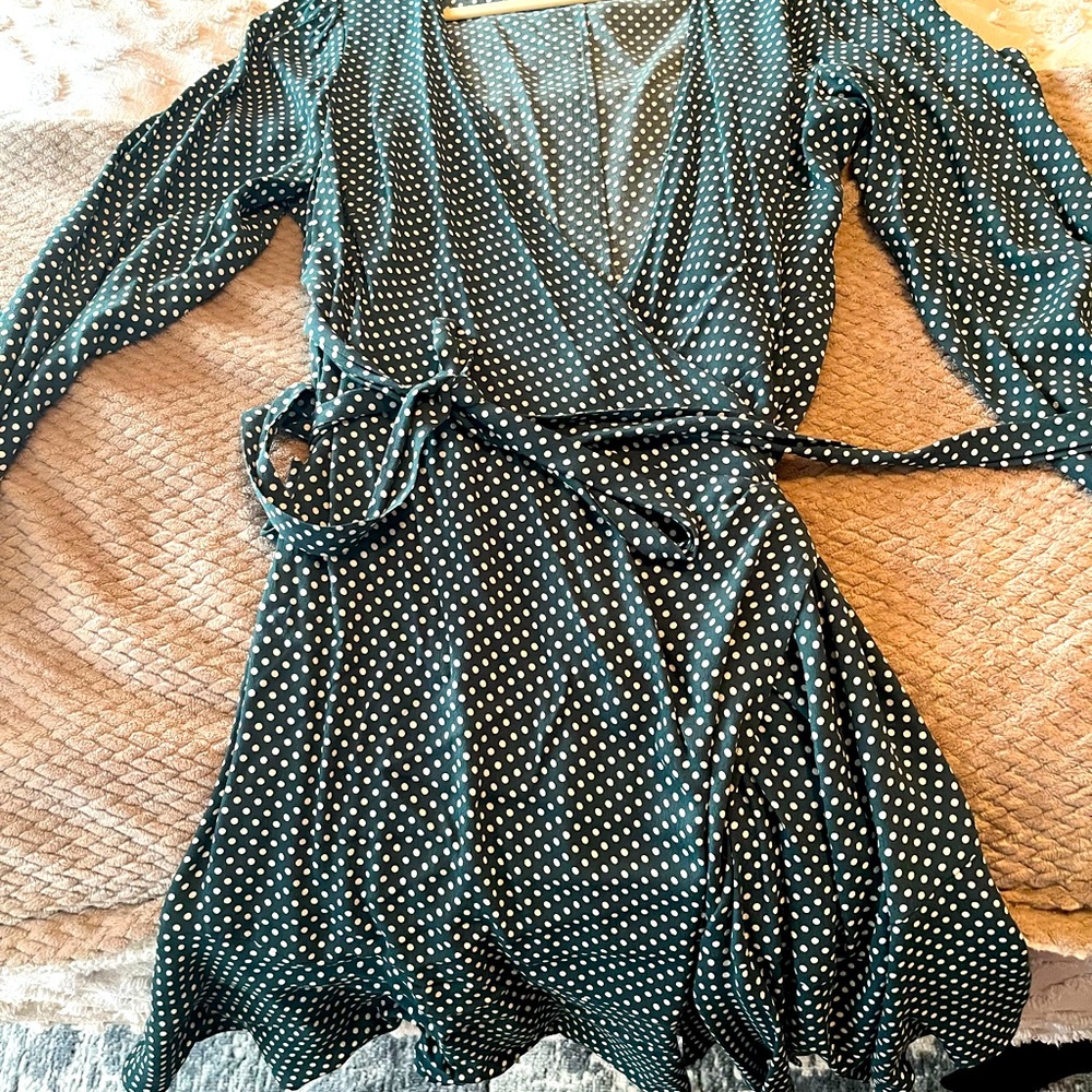 LOFT Emerald and white polka dot wrap dress